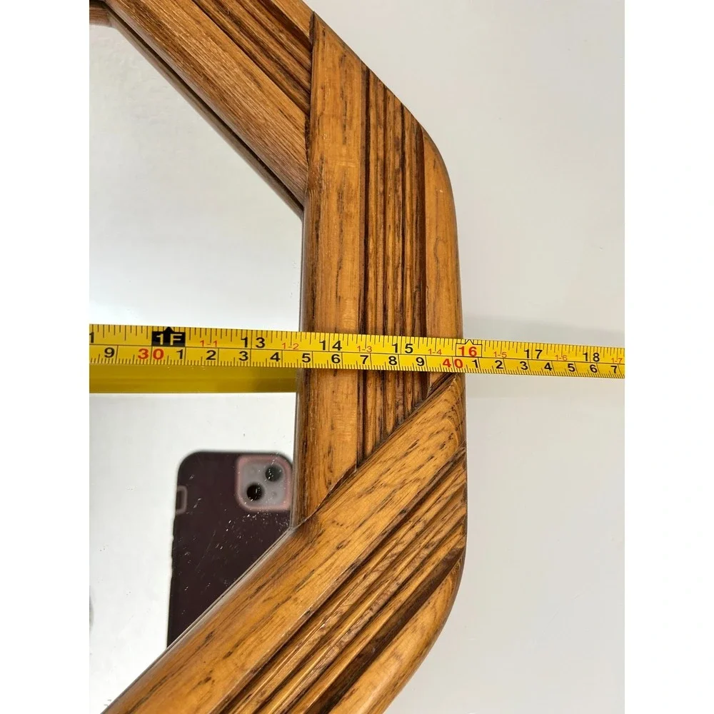 Vintage Mid Century Modern Walnut Octagon Wall Mirror 1970s Boho Wood Geometric
